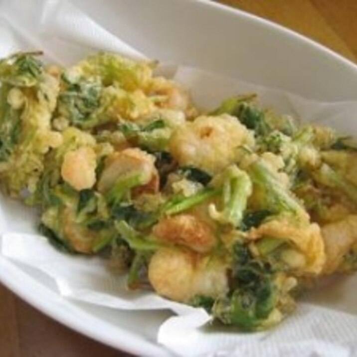 春の味♪ からし菜とプリプリ海老のかき揚げ♪